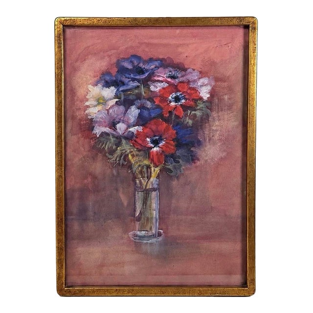 Vintage Floral Still Life Watercolor Painting For Sale