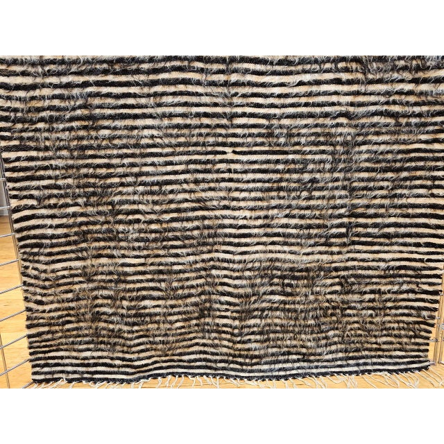 Dark Gray Vintage Turkish Tulu Rug, Handwoven, Shaggy Wool Pile, Stripe Design, 4' x 6' For Sale - Image 8 of 14