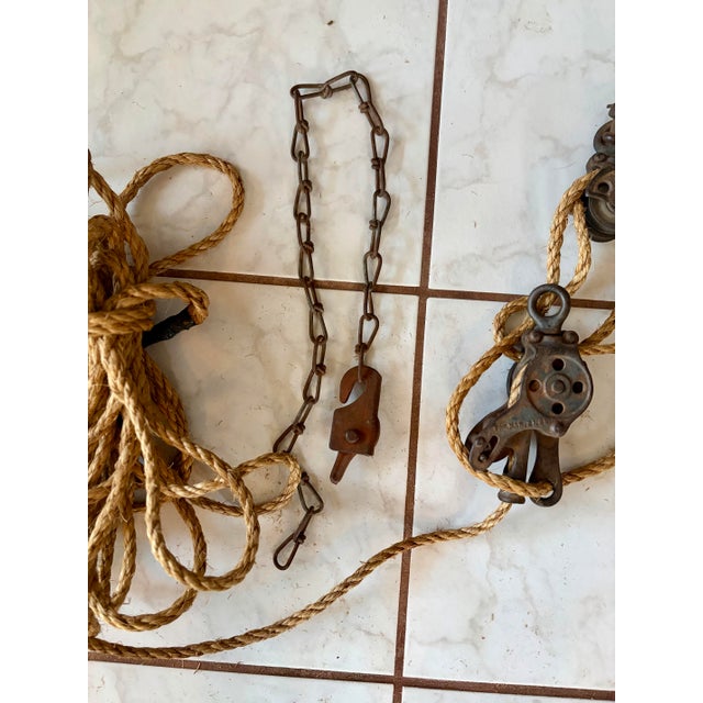 Early 20th Century Antique Industrial Block and Tackle Manual Pulley and 50 Foot Rope Rigging System- Farm, Marine, Industrial For Sale - Image 5 of 7