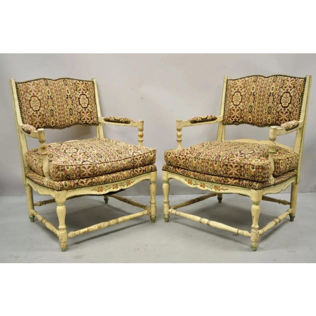 Vintage French Country Cream Distress Painted Lounge Arm Chairs & Ottoman. Listing includes a cream distress painted...