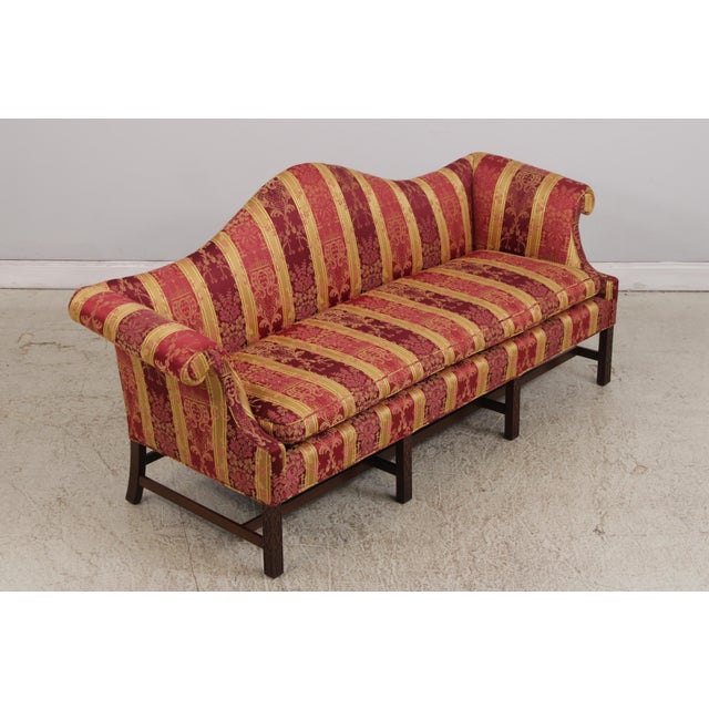 Chinese Vintage Camelback Damask Upholstered Sofa For Sale - Image 3 of 16