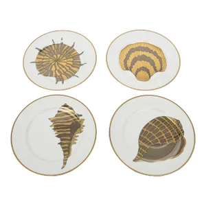 Vintage Fitz and Floyd Porcelain Gold Gilded Shell and Fish Desert or Appetizer Plates Set of 4