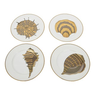 Vintage Fitz and Floyd Porcelain Gold Gilded Shell & Fish Desert or Appetizer Plates Set of 4 70's For Sale
