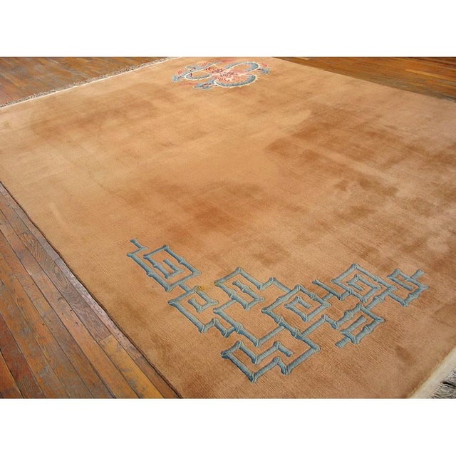 1920s Tan Sand Open Field Minimalist Dragon Antitque Chinese Art Deco Wool Rug For Sale In New York - Image 6 of 7