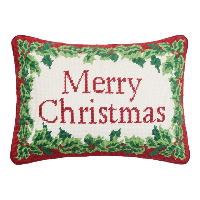 Merry Christmas Embroidered Needlepoint Pillow, 10" x 14" For Sale