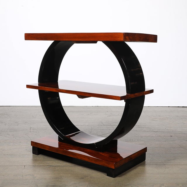 Art Deco Machine Age 3-Tier Walnut Side Table W/ Black Lacquer Round Support For Sale - Image 11 of 14