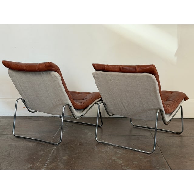 Metal Vintage 1970's Cognac Leather Swedish Lounge Chairs For Sale - Image 7 of 15