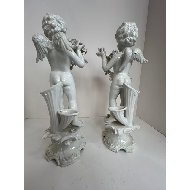 Mid-Century Italian Porcelain Cherub Figures With Floral Garlands Vases a Pair For Sale - Image 11 of 15