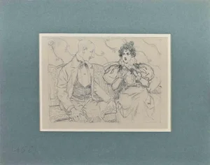 Caran d'Ache, A Couple on the Sofa, Pencil Drawing on Paper, Late 19th Century