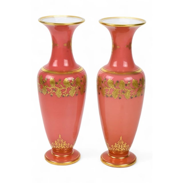 French Mid 19th Century Superb Pair of Baccarat Opaline Glass Vases With Platinum and Gold Designs For Sale - Image 3 of 8