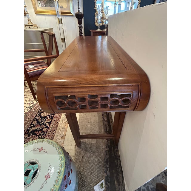 1980s Carved Oak Vintage Asian Style Console Table For Sale - Image 5 of 15