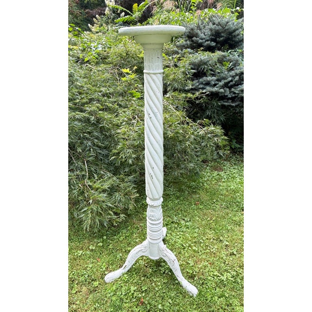 Wood Tall Distressed Wood Claw Foot Painted Pedestal Plant Stand For Sale - Image 7 of 18