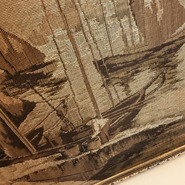 Antique 1920s La France Jacquard Tapestry Ship Mirror With Carved Crest For Sale - Image 4 of 7
