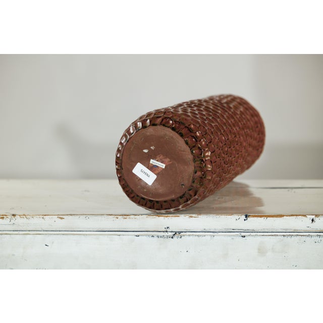 Tall Brown Ceramic Vase with Honeycomb Texture and Green Speckled Glaze For Sale - Image 13 of 18
