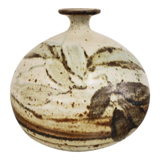 Mid 20th Century American Studio Pottery Japanese Wabi-Sabi Style Rotund Baluster Foilage Motif Stoneware Weed Pot Vessel/Vase For Sale