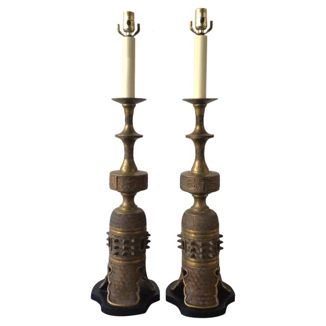1950s Bronze Asian James Mont Style Lamps - A Pair For Sale - Image 10 of 10