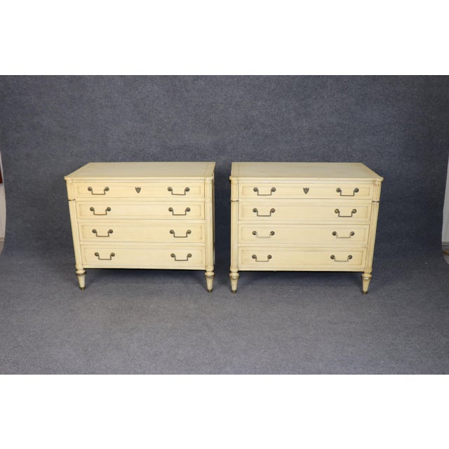 Wood 1950s Fine Pair of Creme Painted French Directoire Style Commodes, A Pair For Sale - Image 7 of 15