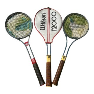 Trio of Vintage Metal Wilson Tennis Rackets and Cover For Sale