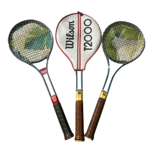Trio of Vintage Metal Wilson Tennis Rackets and Cover