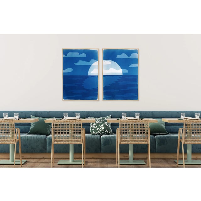 2020s 2025, Desert Modernism Landscape, Large Diptych, Sunset Over Sea, Monotype Cyanotype on Watercolor Paper by Kind of Cyan For Sale - Image 5 of 9