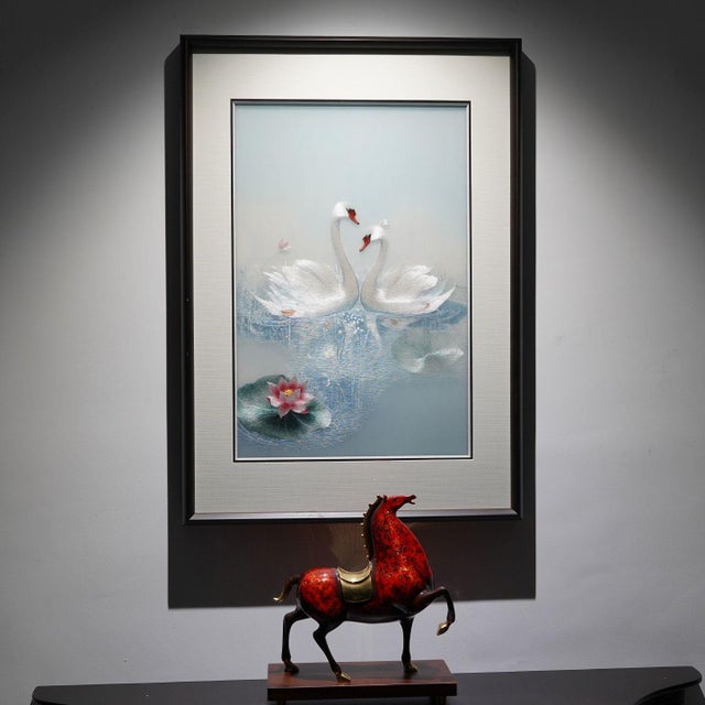 Handcrafted Suzhou Embroidery Swan Water Scene Wall Art – Double-Sided Silk Embroidery Decorative Panel For Sale - Image 6 of 10