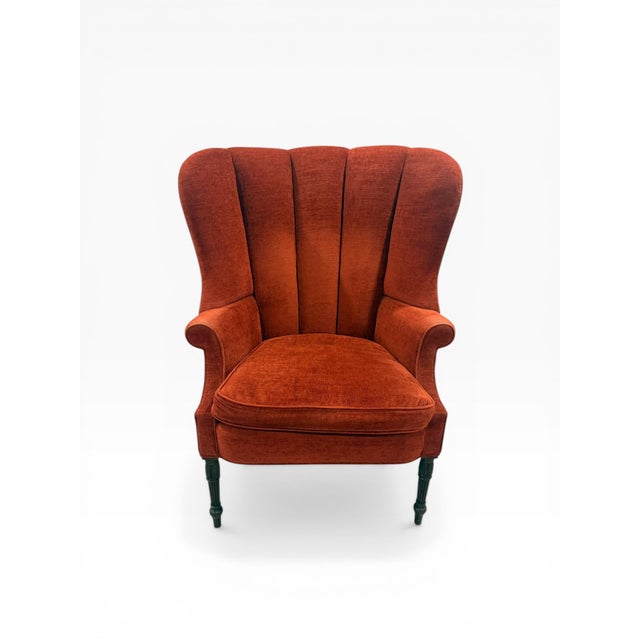 Late 20th Century Rust Channel-Tufted Wingback Accent Chair With Carved Wood Legs For Sale - Image 4 of 10
