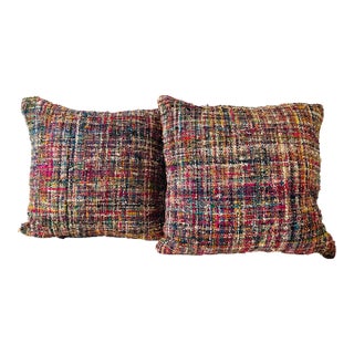Great Pair of Vintage Multicolor Tweed Boucle Handwoven Pillows Filled With Feather Down For Sale