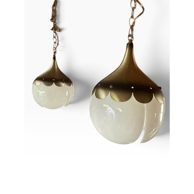 Mid-Century Modern Vintage Mid Century Modern Tulip Milk Glass & Brass Hanging Pendant Lights, Pair For Sale - Image 3 of 10