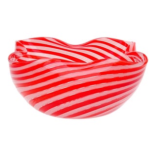 Seguso Vintage Murano Red Orange Opal White Optic Swirl Italian Art Glass Folded Rim a Canne Dish Bowl For Sale