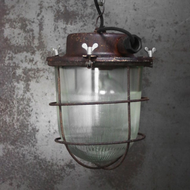 Vintage industrial hanging lamp Rust metal with striped clear glass E26 / E27 Up to 250V (Europe/UK Standard).The wiring...