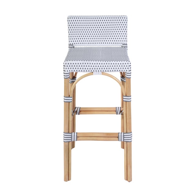 2020s Serienna 30 in. Seat Height Rectangular Rattan Low Back Bar Stool, White/Gray Dot / Natural Rattan Frame For Sale - Image 5 of 11