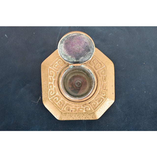 Metal Tiffany Studios New York Zodiac Bronze Doré Inkwell For Sale - Image 7 of 13
