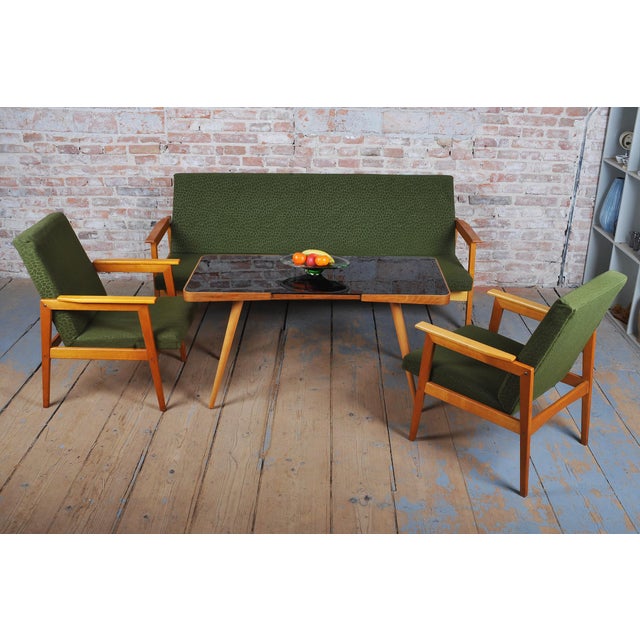 Mid-Century Czech Living Room Set in Beech, 1960s, Set of 3 For Sale - Image 11 of 18
