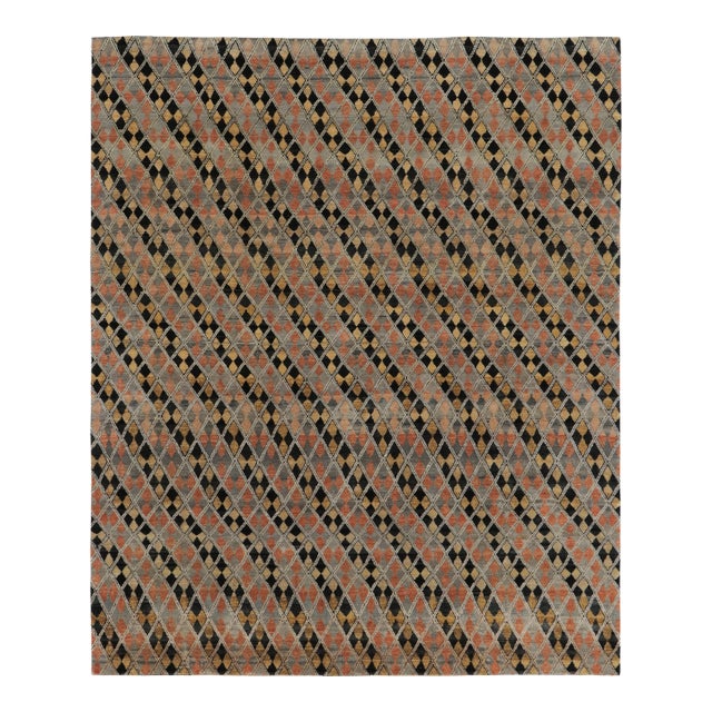 Rug & Kilim’s Modern Rug in Black, Charcoal and Gold Diamond Geometric Pattern For Sale