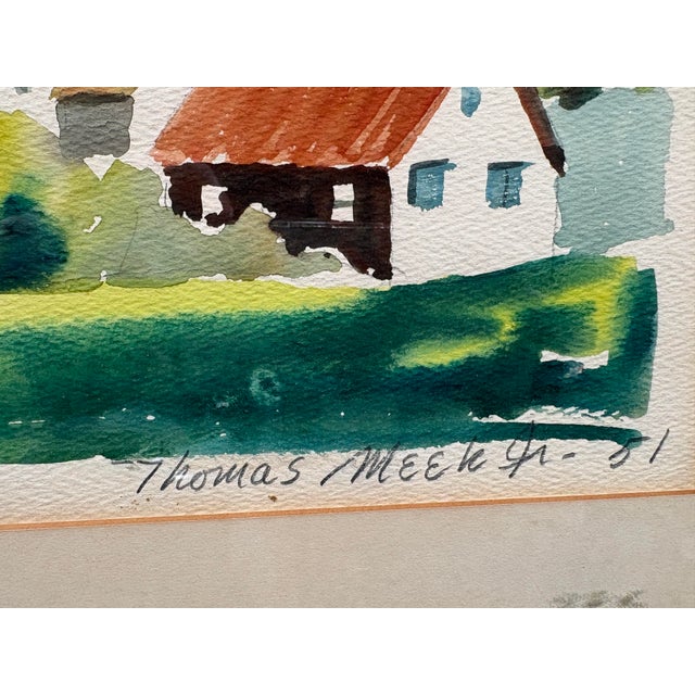 Green Vintage Signed Impressionist Thomas Meek Watercolor Landscape, Framed Pastoral Village Scene, 1981 For Sale - Image 8 of 8