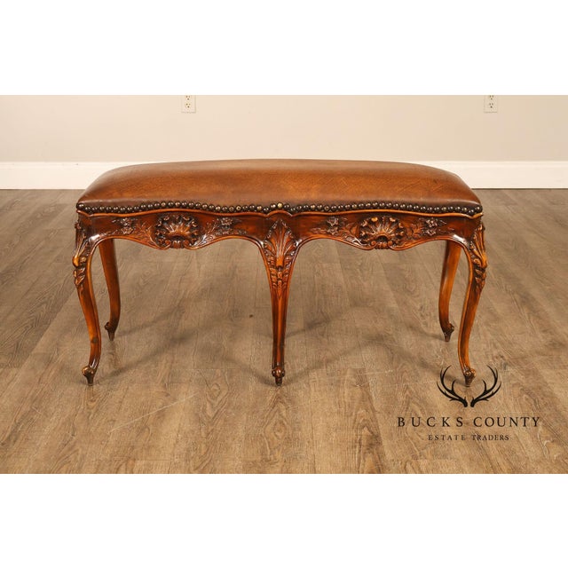 Rococo Style Leather Upholstered Carved Mahogany Window Bench For Sale In Philadelphia - Image 6 of 18
