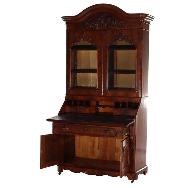 Antique Neoclassical Renaissance Revival Flame Mahogany Drop Front Secretary Desk With Carved Pulls C1850 Measures - 82...