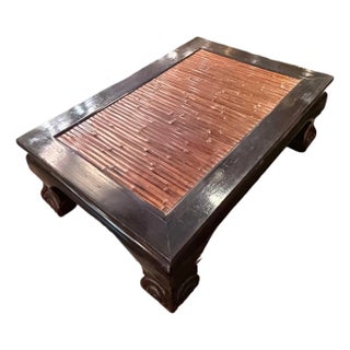 1970s Large Elm and Rattan Coffee Table For Sale