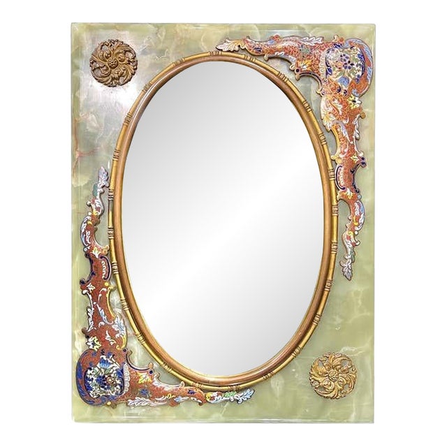 19th Century French Champleve Enameled Bronze and Onyx Table Mirror For Sale