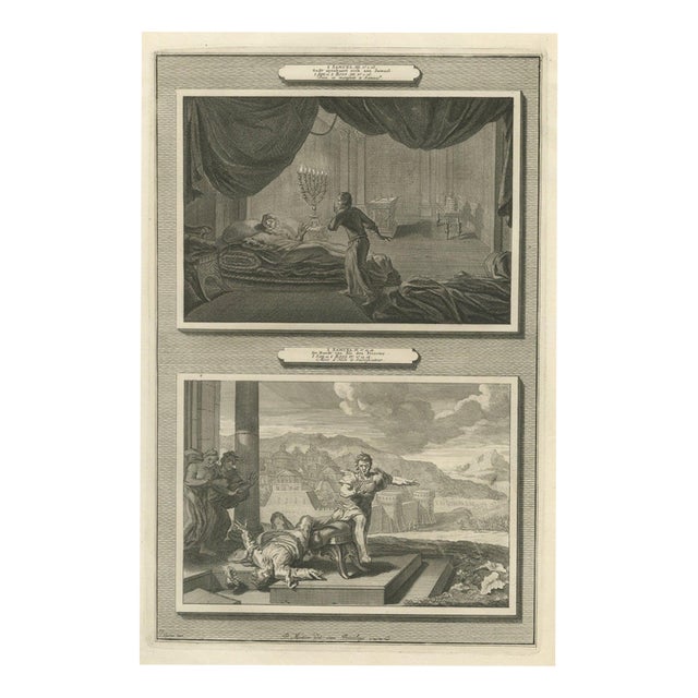 Pieter Mortier, The Calling of Samuel and the Death of Eli, 1700, Engraving For Sale