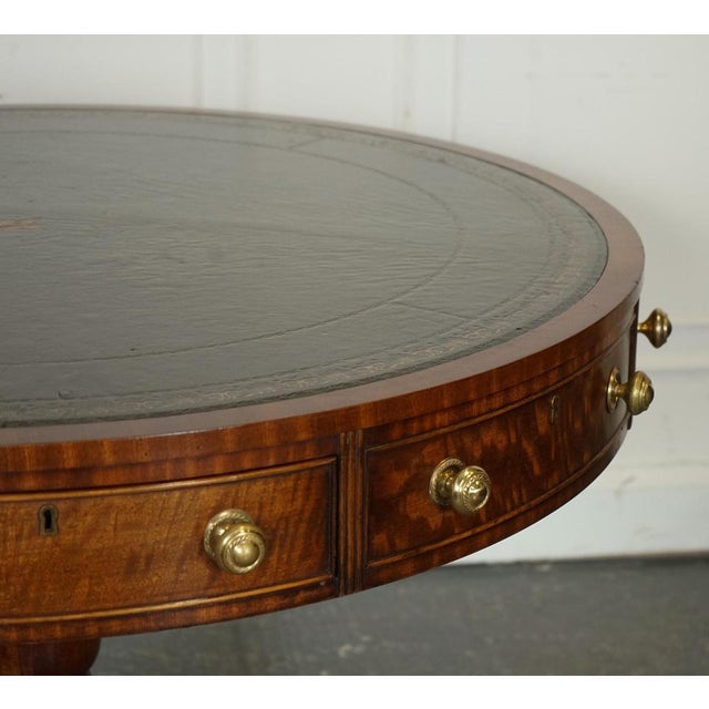 Fine Regency Drum Top Library Table with Aged Green Leather Top For Sale - Image 5 of 15