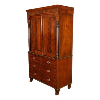 Antique 19thC Flame Mahogany Georgian Regency English Linen Press Chest 1800 For Sale