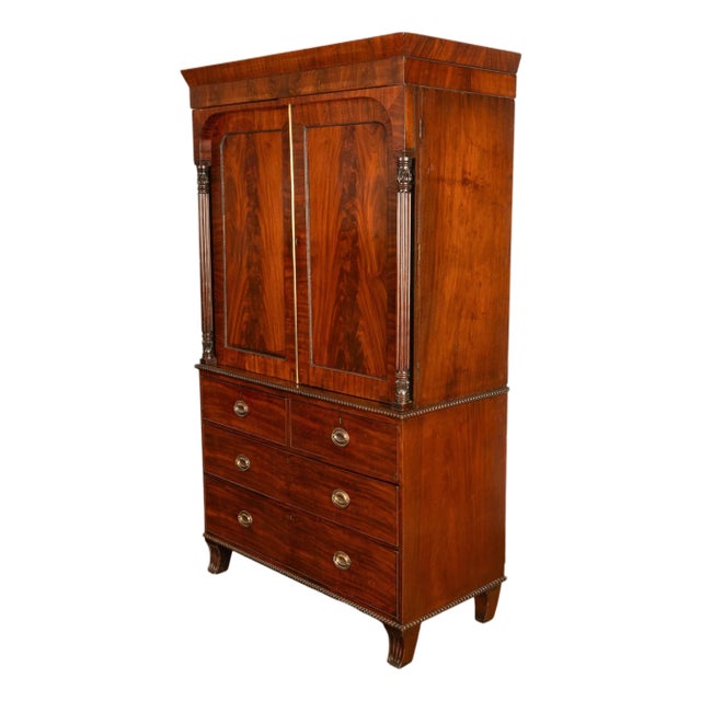 Antique 19thC Flame Mahogany Georgian Regency English Linen Press Chest 1800 For Sale