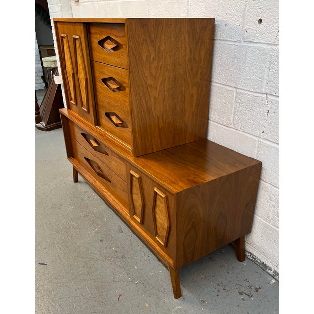 Mid-Century Two Piece Walnut and Burl Diamond Front High-Boy Dresser For Sale - Image 10 of 18