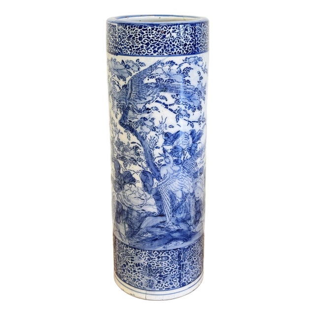 Vintage Chinoiserie Ceramic Blue and White Floral Motif Umbrella Stand For Sale