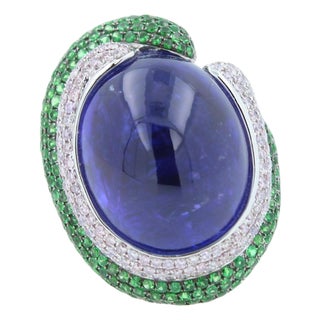 Blue Tanzanite Oval Cabochon Diamonds Tsavorites Pave 18k White Gold Unique Ring, Size 7 For Sale