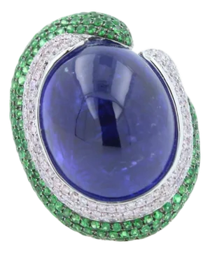 Blue Tanzanite Oval Cabochon Diamonds Tsavorites Pave 18k White Gold Unique Ring, Size 7