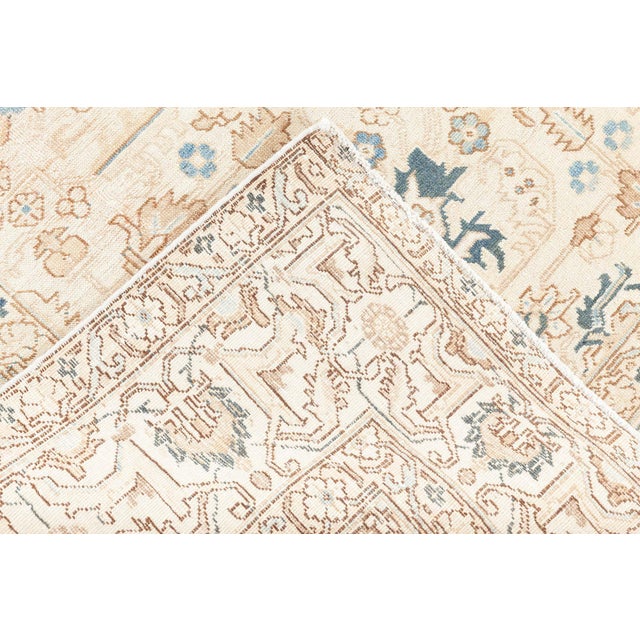 1930s Floral Persian Kirman Camel, Light Brown, Indigo Blue Handmade Wool Rug For Sale - Image 9 of 11