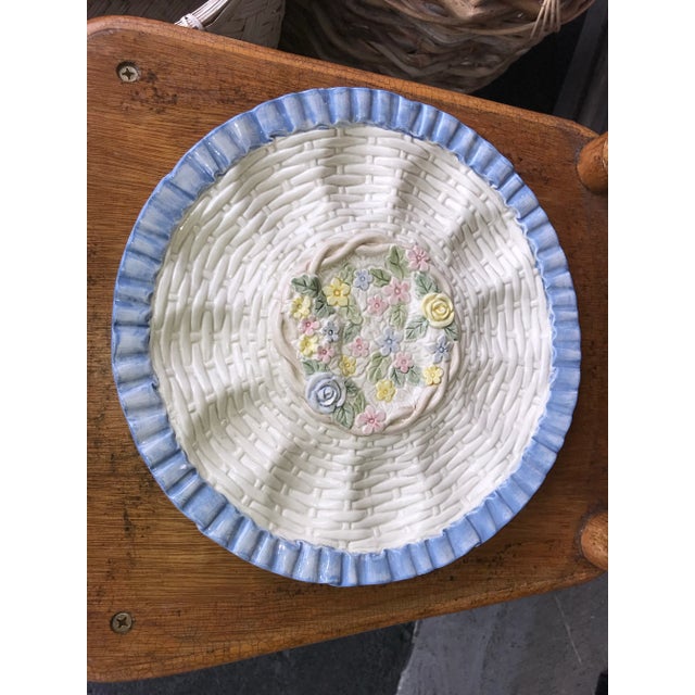 1990 Fitz and Floyd Egg Ceramic Egg or Appetizer Plate, floral design with blue ribbon and white wicker. Perfect for your...