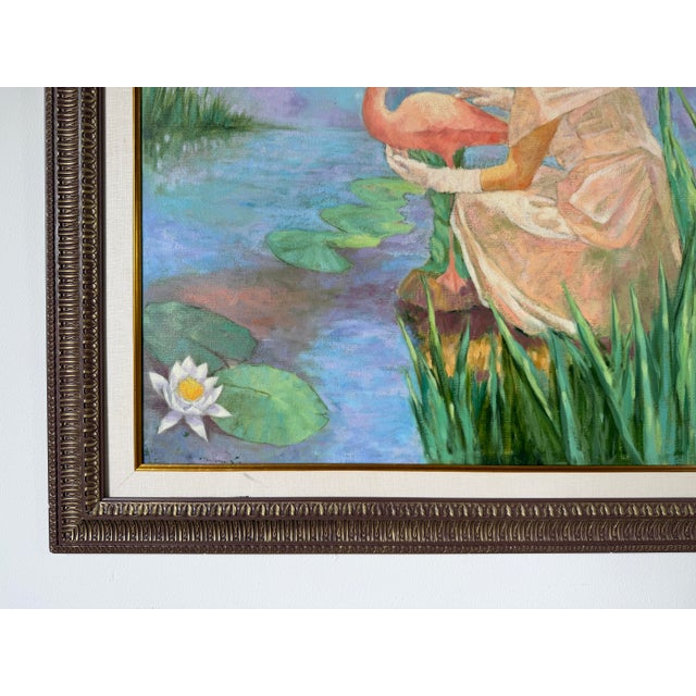 Dark Pink 1980s Carver Figurative Tropical Landscape Oil on Canvas Painting, Framed For Sale - Image 8 of 12